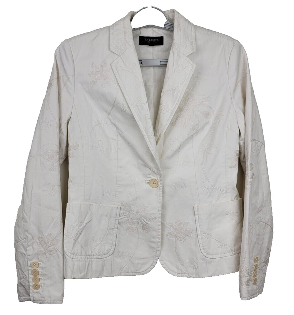 Talbots Women's Embroidered Floral Ivory One Button Jacket / Blazer Size 2